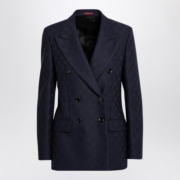Gucci | Jackets & Coats | Gucci Blue Wool Jacket With Gg Pattern Women ...